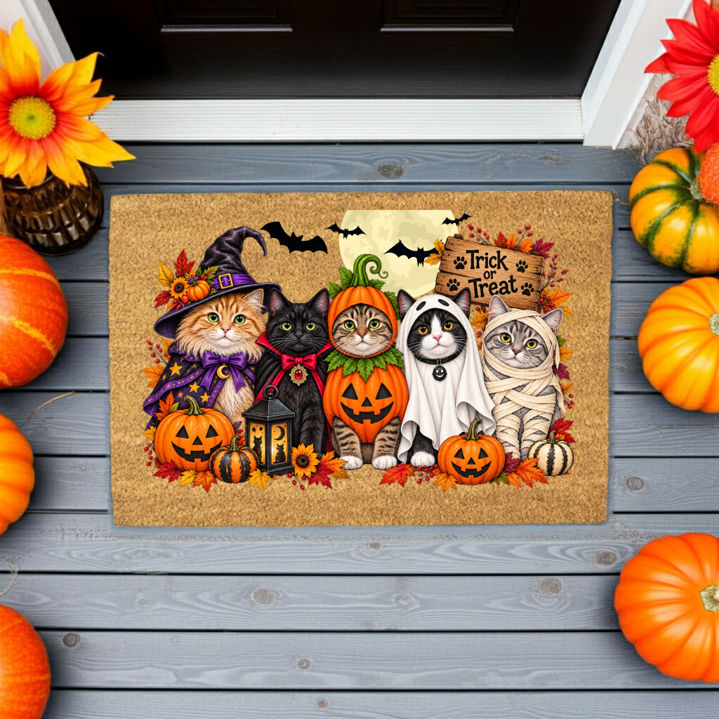 Halloween Cat Doormat, Funny Costumed Cats Coir Welcome Mat, Trick or Treat Porch Decor, Fall Cat Lover Gift, Spooky Front Door Mat