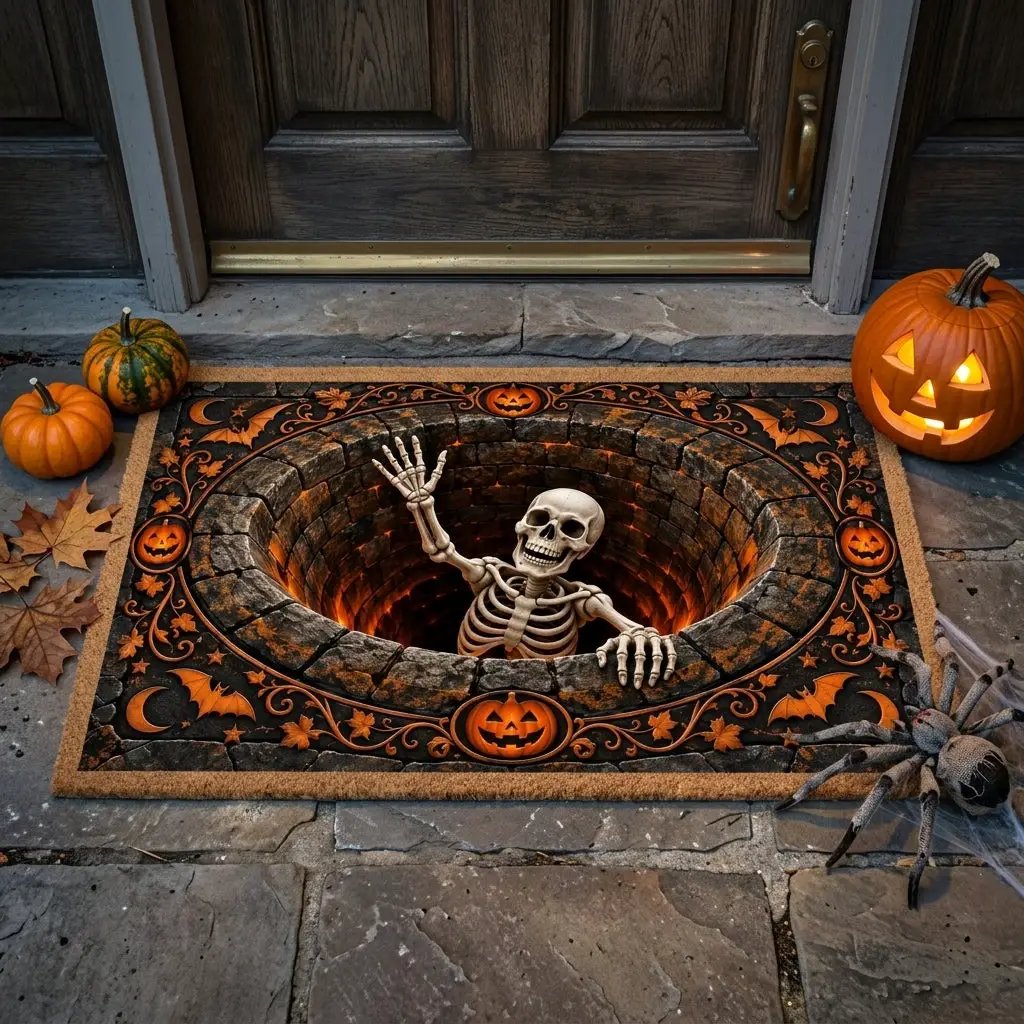 Skeleton Halloween 3D Doormat, Skeleton Pit Illusion Door Mat, Spooky Halloween Welcome Mat, Pumpkin Gothic Porch Decor