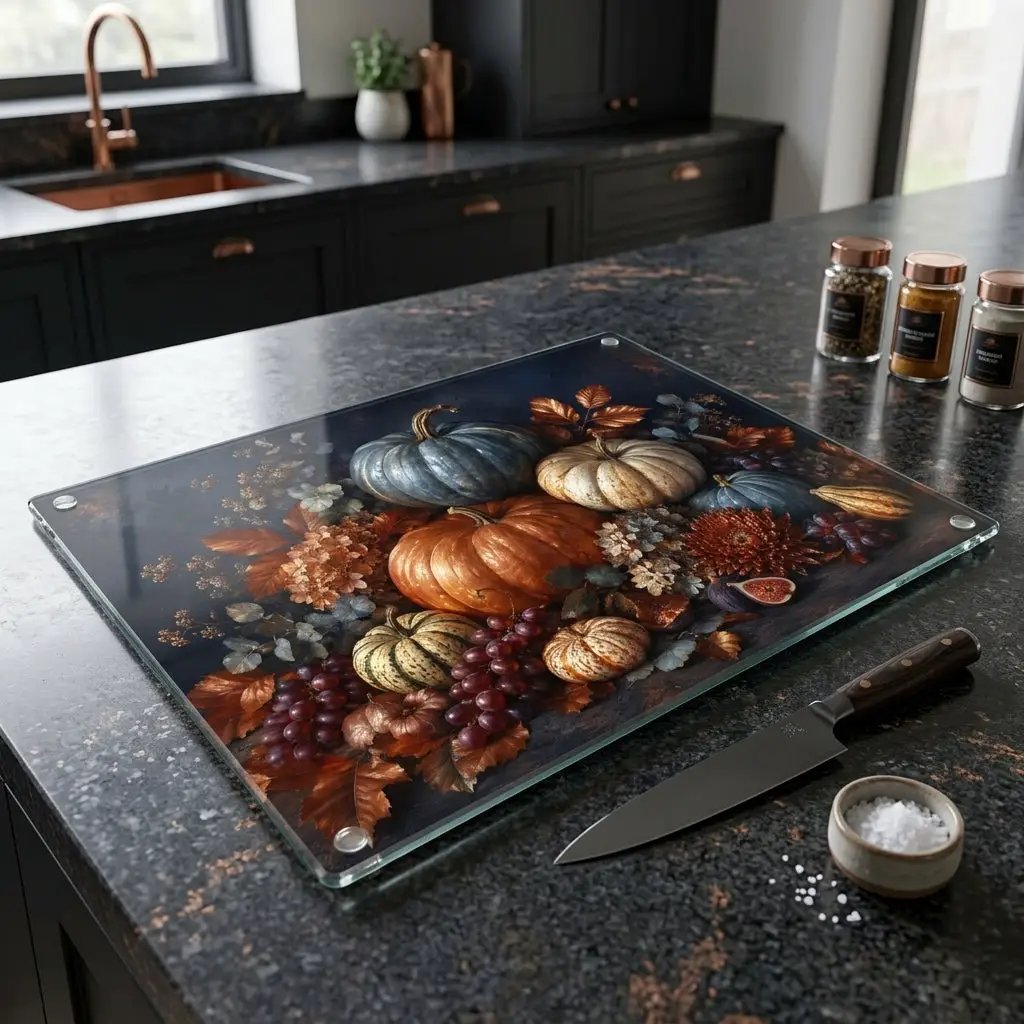 Blue Pumpkin Glass Cutting Board, Elegant Fall Kitchen Decor, Autumn Harvest Cutting Board, Thanksgiving Kitchen Gift