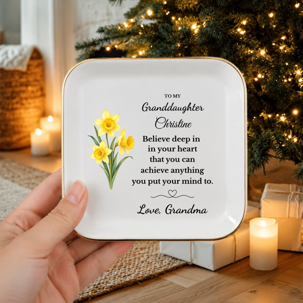 Personalized Daughter/ Granddaughter Jewelry Dish, Birth Flower Trinket Tray, Custom Name Inspirational Ceramic Ring Dish