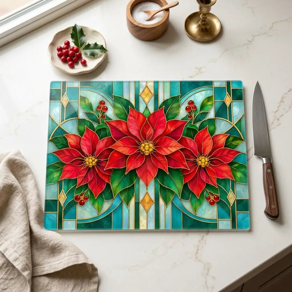 Christmas Poinsettia Glass Cutting Board, Stained Glass Floral Kitchen Decor, Holiday Serving Board, Festive Cooking Gift for Home Chefs