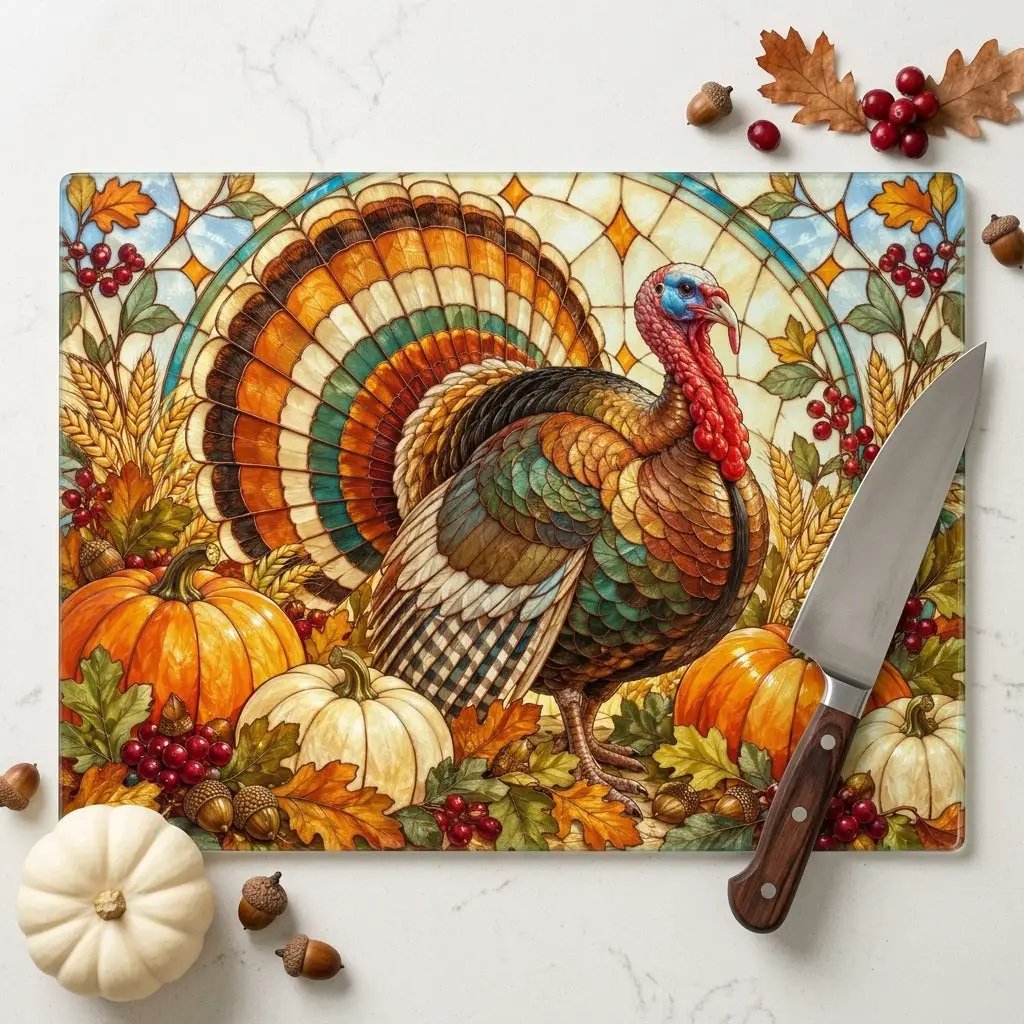 Thanksgiving Turkey Glass Cutting Board, Fall Harvest Kitchen Decor, Pumpkin Turkey Chopping Board, Thanksgiving Hostess Gift