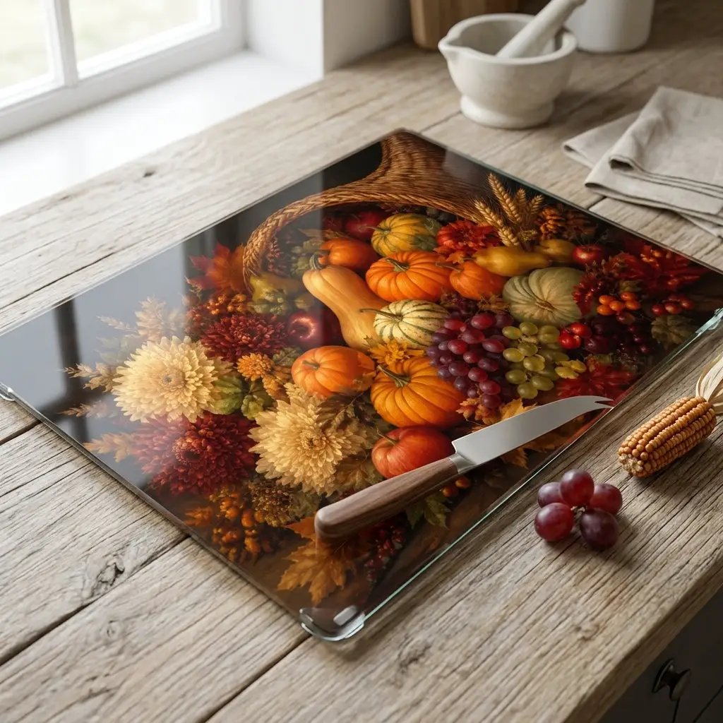 Cornucopia Glass Cutting Board, Thanksgiving Kitchen Decor, Fall Harvest Cutting Board, Autumn Hostess Gift