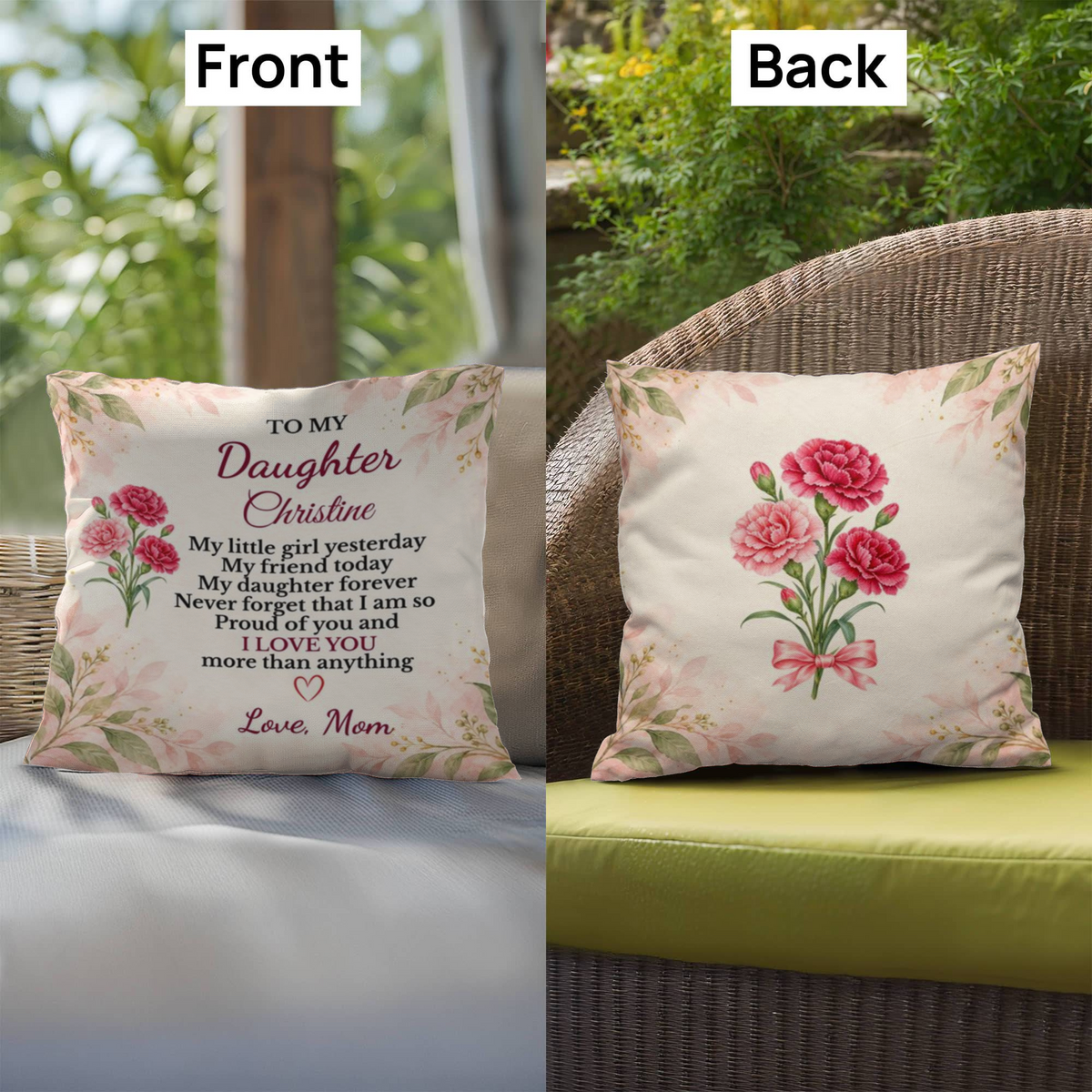 Daughter Personalized Birth Flower Pillow, Custom Name Gift from Mom, Sentimental Daughter Throw Pillow, Birthday Gift for Adult Daughter
