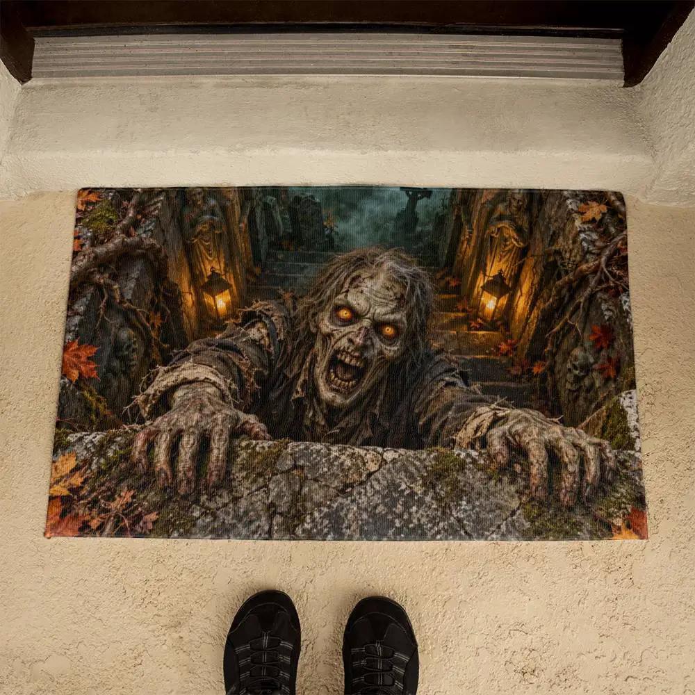 Zombie 3D Illusion Doormat, Graveyard Halloween Door Mat, Undead Zombie Welcome Mat, Haunted Crypt Optical Illusion, Spooky Porch Decor