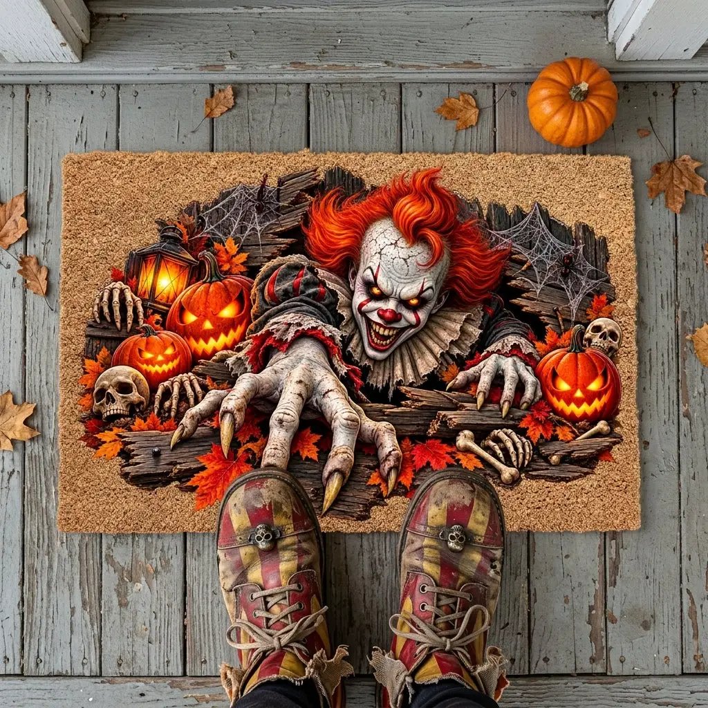 Horror Clown Doormat, Scary Halloween Coir Mat, Creepy Clown & Pumpkin Welcome Mat, Haunted House Porch Decor, Horror Lover Gift