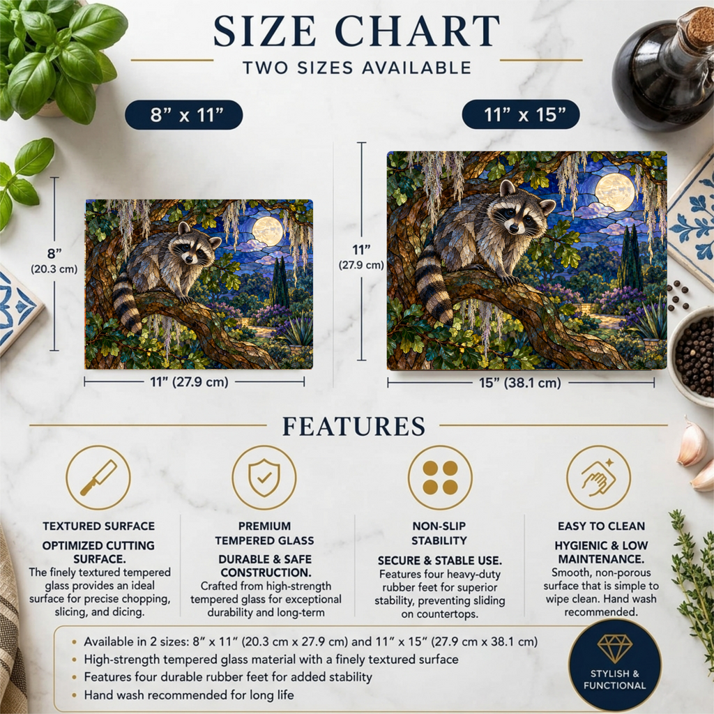 Raccoon Glass Cutting Board, Woodland Kitchen Decor, Moonlit Forest Chopping Board, Wildlife Lover Gift, Rustic Nature Kitchen Accent