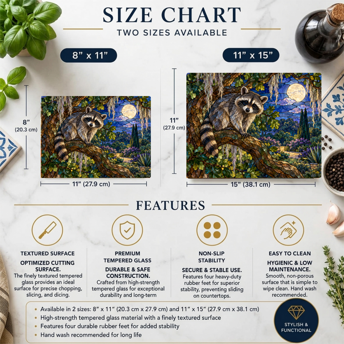 Raccoon Glass Cutting Board, Woodland Kitchen Decor, Moonlit Forest Chopping Board, Wildlife Lover Gift, Rustic Nature Kitchen Accent