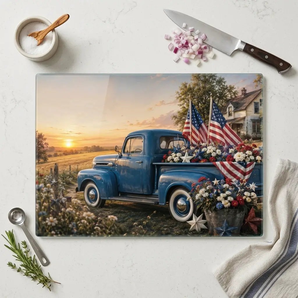 Vintage Blue Truck Patriotic Glass Cutting Board, Americana Kitchen Decor, Fourth of July Cutting Board, Farmhouse USA Decor