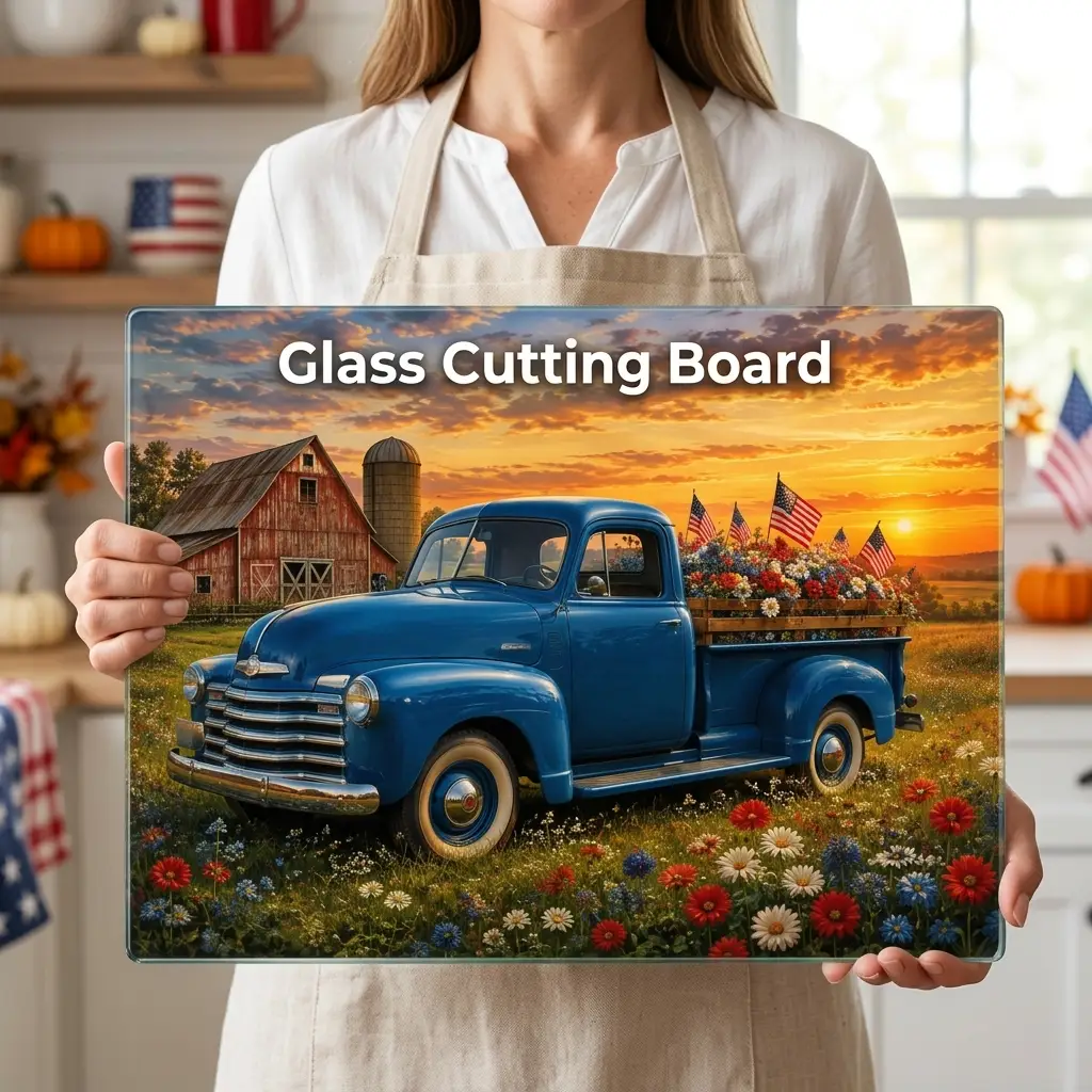 Vintage Blue Truck Glass Cutting Board, Patriotic Country Kitchen Decor, American Flag Farmhouse Gift, Rustic Patriotic USA Decor