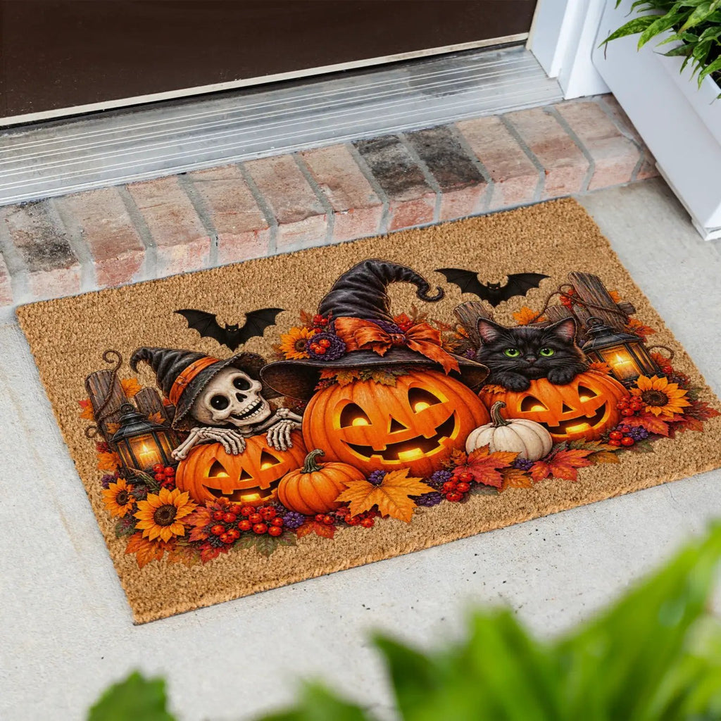 Halloween Doormat, Pumpkin Cat Skeleton Coir Mat, Spooky Fall Welcome Mat, Witch Pumpkin Door Mat, Halloween Porch Decor