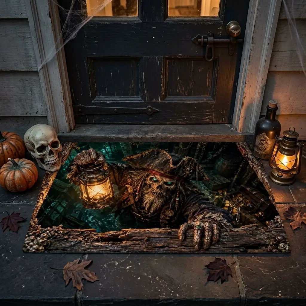 Pirate Doormat, Ghost Ship 3D Optical Illusion Door Mat, Haunted Pirate Halloween Mat, Skeleton Pirate Porch Decor, Spooky Welcome Mat