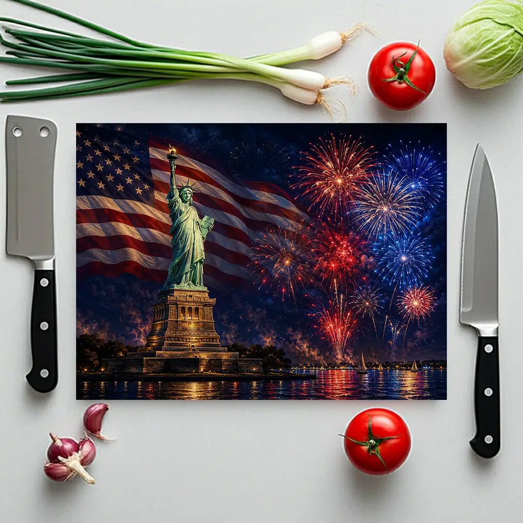 Statue of Liberty Cutting Board, American Flag Glass Cutting Board, 4th of July Kitchen Decor, Patriotic Gift, Americana Decor