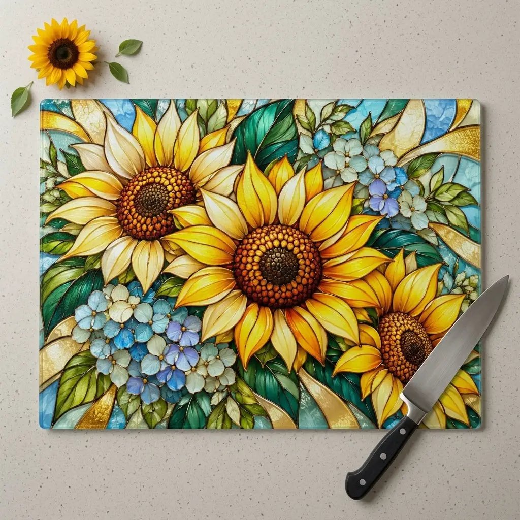 Sunflower Glass Cutting Board, Blue Hydrangea Kitchen Decor, Yellow Floral Cutting Board, Flower Lover Gift, Stained Glass Kitchen Art