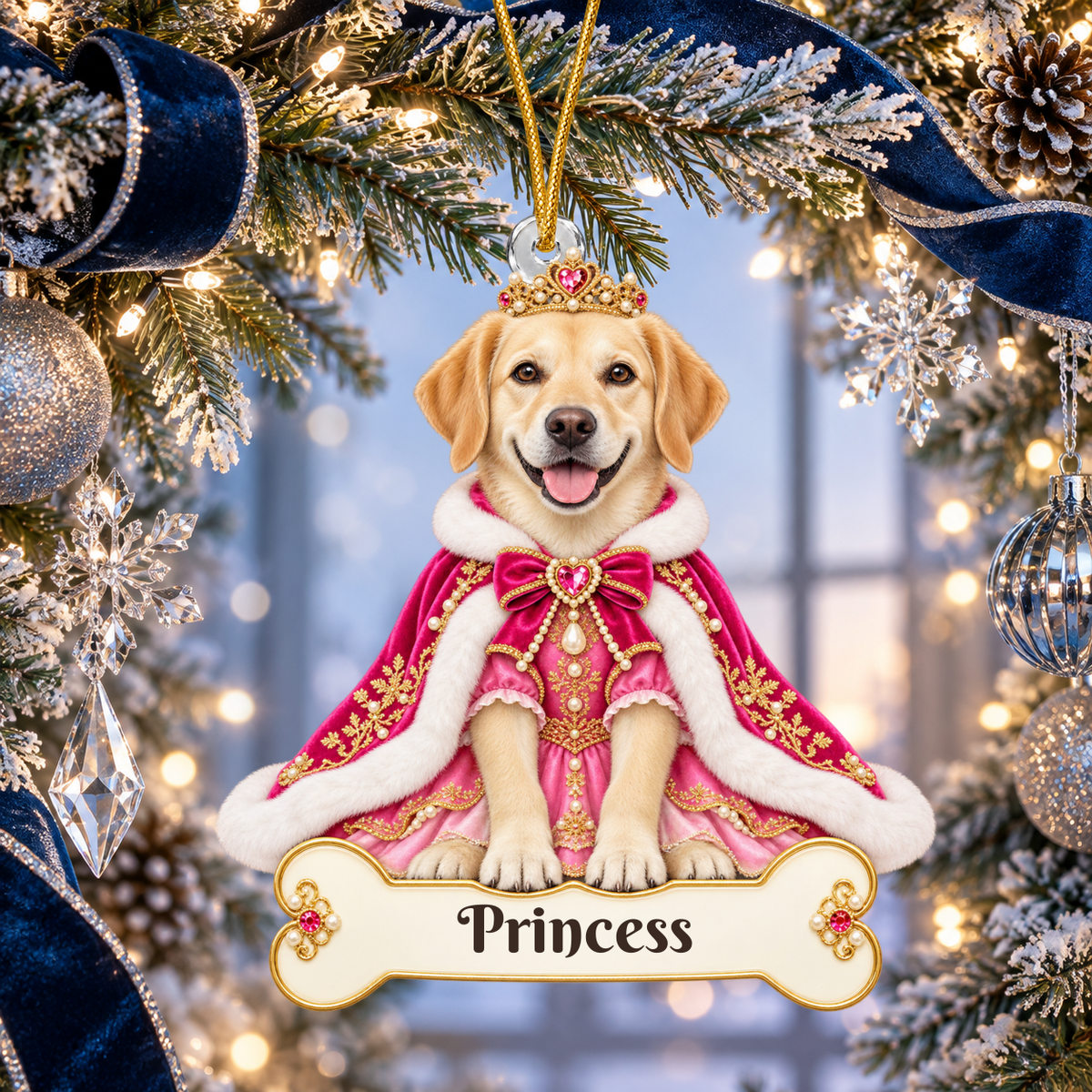 Personalized Princess Dog Ornament from Photo, Custom Pet Portrait Acrylic Cutout, Pink Royal Puppy Christmas Ornament, Dog Mom Gift