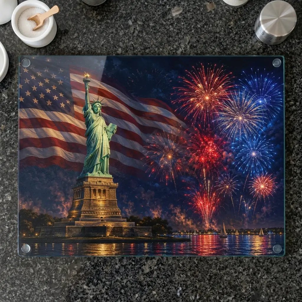 Statue of Liberty Cutting Board, American Flag Glass Cutting Board, 4th of July Kitchen Decor, Patriotic Gift, Americana Decor