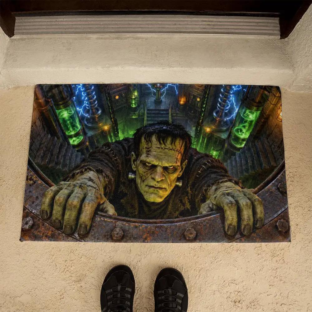 Frankenstein 3D Illusion Doormat, Mad Scientist Laboratory Halloween Door Mat, Monster Welcome Mat, Spooky Halloween Porch Decor