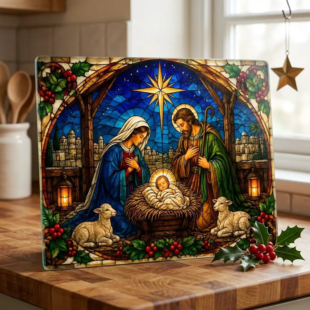 Nativity Glass Cutting Board, Christian Christmas Decor, Manger Scene Cutting Board, Religious Christmas Gift, Stained Glass Nativity