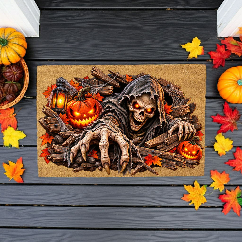 Horror Skeleton Doormat, Grim Reaper Halloween Coir Mat, Creepy Skeleton Welcome Mat, Scary Pumpkin Porch Decor, Haunted Door Mat