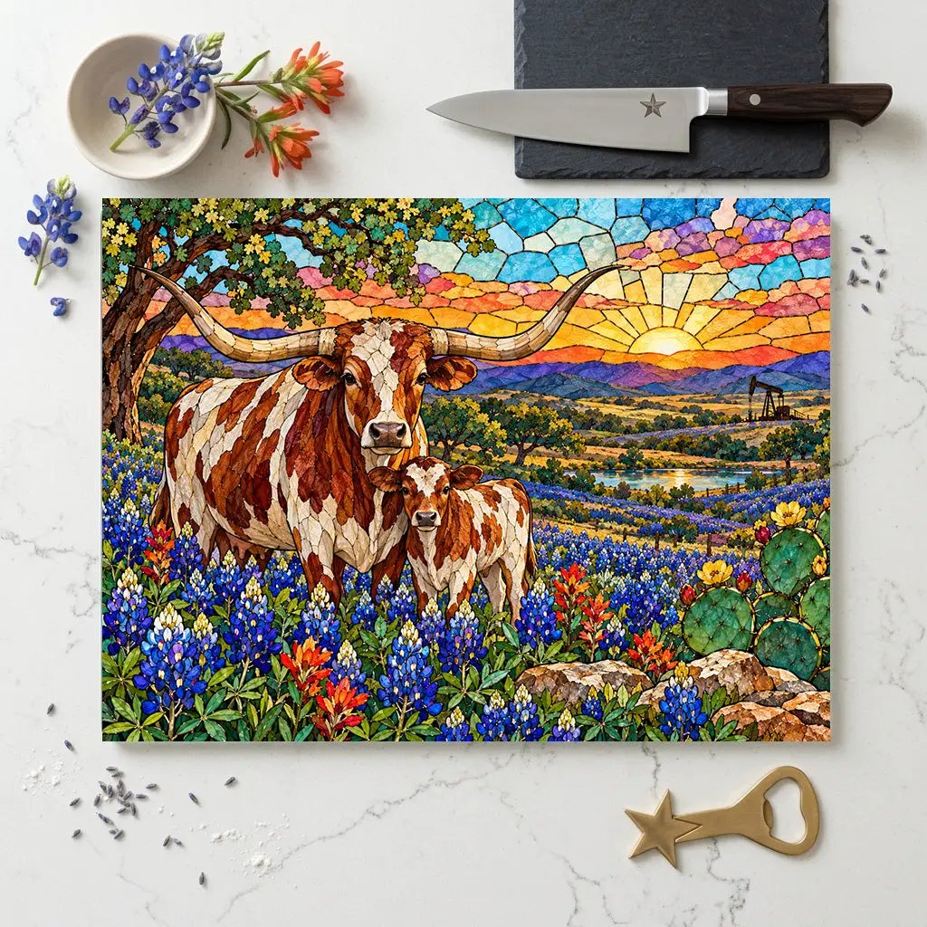 Texas Longhorn Glass Cutting Board, Cow and Calf Bluebonnet Kitchen Decor, Western Ranch Gift, Texas Kitchen Decor, Stained Glass Style
