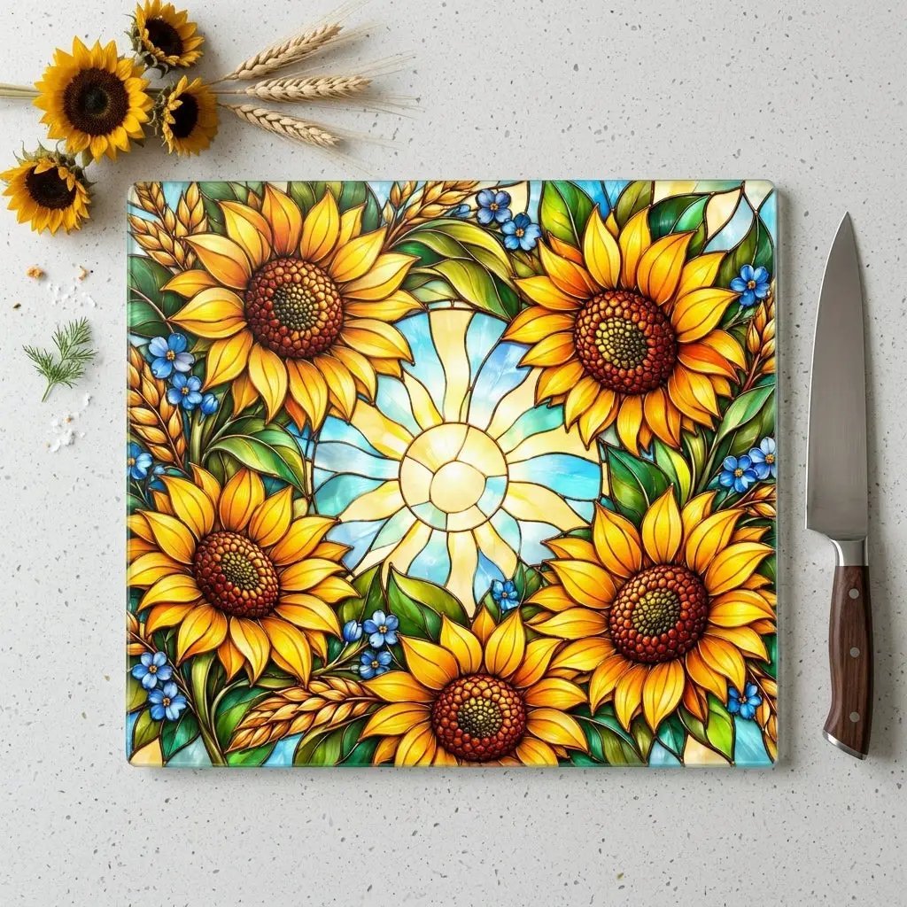 Sunflower Glass Cutting Board, Stained Glass Sunflower Wreath, Floral Kitchen Decor, Yellow Flower Gift, Cheerful Kitchen Art