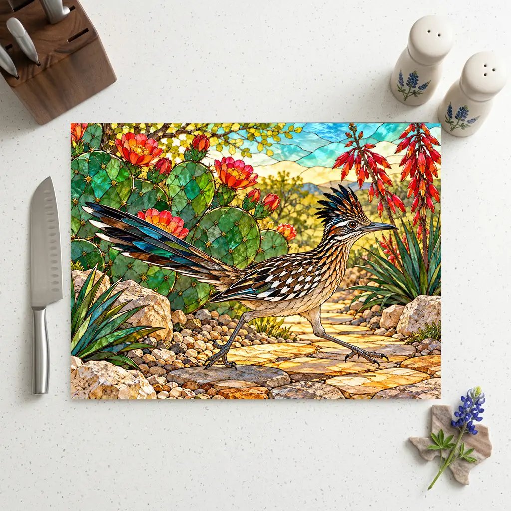 Roadrunner Glass Cutting Board, Desert Bird Kitchen Decor, Southwestern Cactus Chopping Board, Wildlife Lover Gift, Kitchen Counter Accent