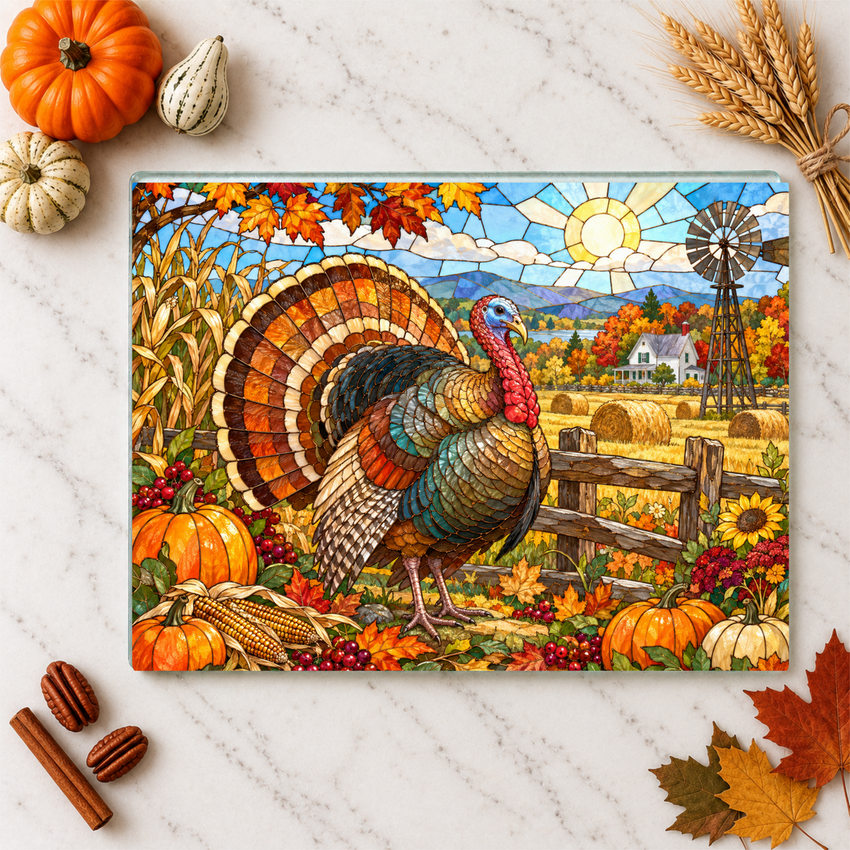 Thanksgiving Turkey Glass Cutting Board, Farmhouse Fall Kitchen Decor, Country Harvest Turkey Cutting Board, Autumn Kitchen Gift