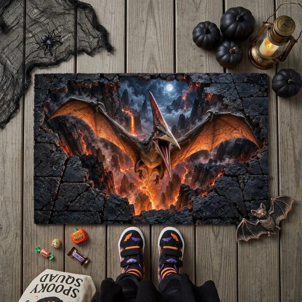 Pterodactyl 3D Optical Illusion Doormat, Volcanic Chasm Dinosaur Floor Mat, Prehistoric Flying Reptile Door Mat, Dino Gift