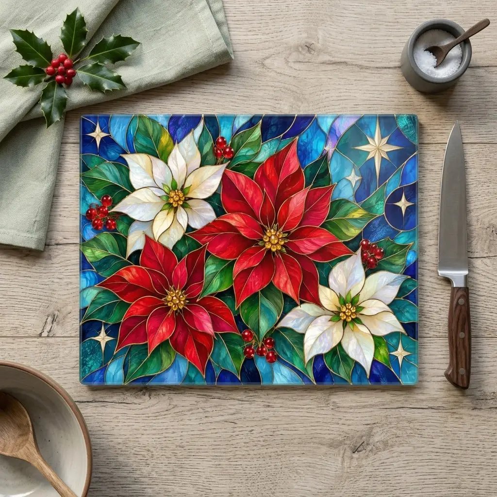 Christmas Poinsettia Glass Cutting Board, Stained Glass Floral Kitchen Decor, Holiday Serving Board, Festive Christmas Kitchen Gift
