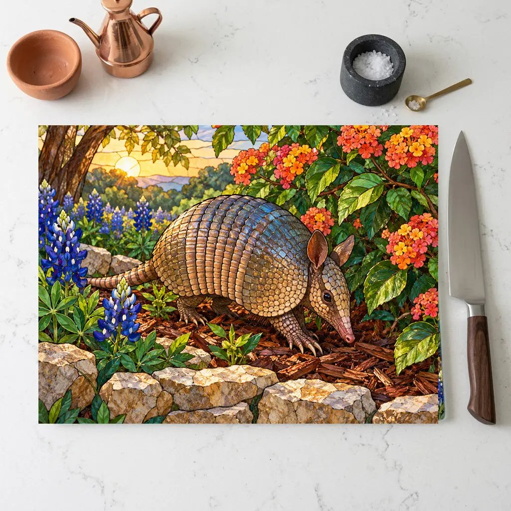 Armadillo Glass Cutting Board, Texas Kitchen Decor, Bluebonnet Armadillo Gift, Stained Glass Style Wildlife Art, Texas Housewarming Gift