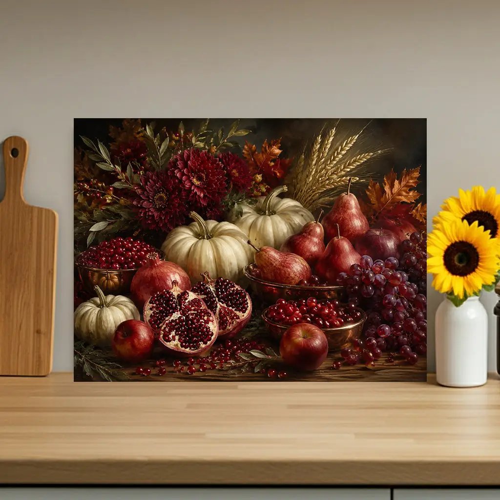 Pomegranate Glass Cutting Board, White Pumpkin Fall Kitchen Decor, Elegant Autumn Cutting Board, Harvest Kitchen Gift