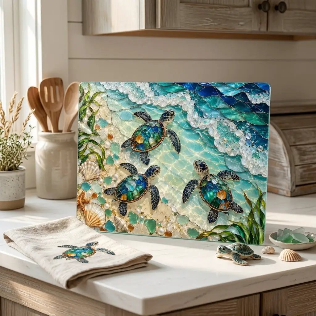 Sea Turtle Hatchlings Cutting Board, Coastal Kitchen Decor, Ocean Beach House Gift, Tempered Glass Chopping Board, Marine Life Kitchen Accent