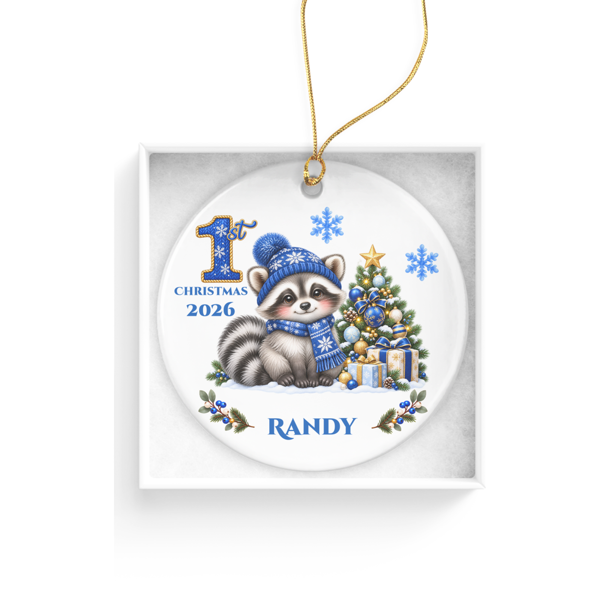 Christmas Raccoon Ornament, Woodland Animal Holiday Decor, Blue Winter Tree Ornament, Cute Wildlife Gift, Ceramic Tree Decoration 3 Inch