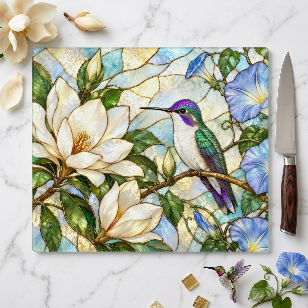 Hummingbird Cutting Board, Stained Glass Bird Decor, Magnolia Flower Kitchen Decor, Morning Glory Gift, Nature Lover Gift