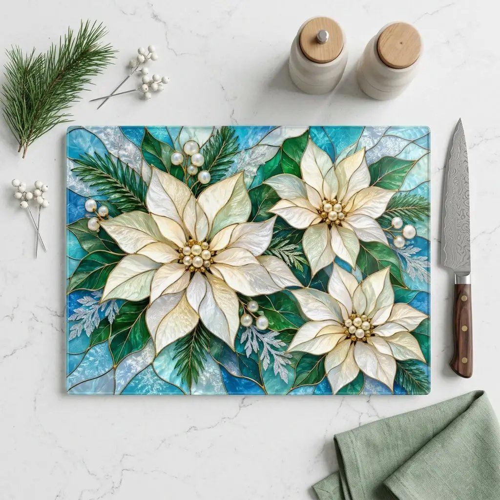 Winter Poinsettia Glass Cutting Board, Holiday Kitchen Decor, Floral Serving Board, Christmas Hostess Gift, Seasonal Home Accent Gift