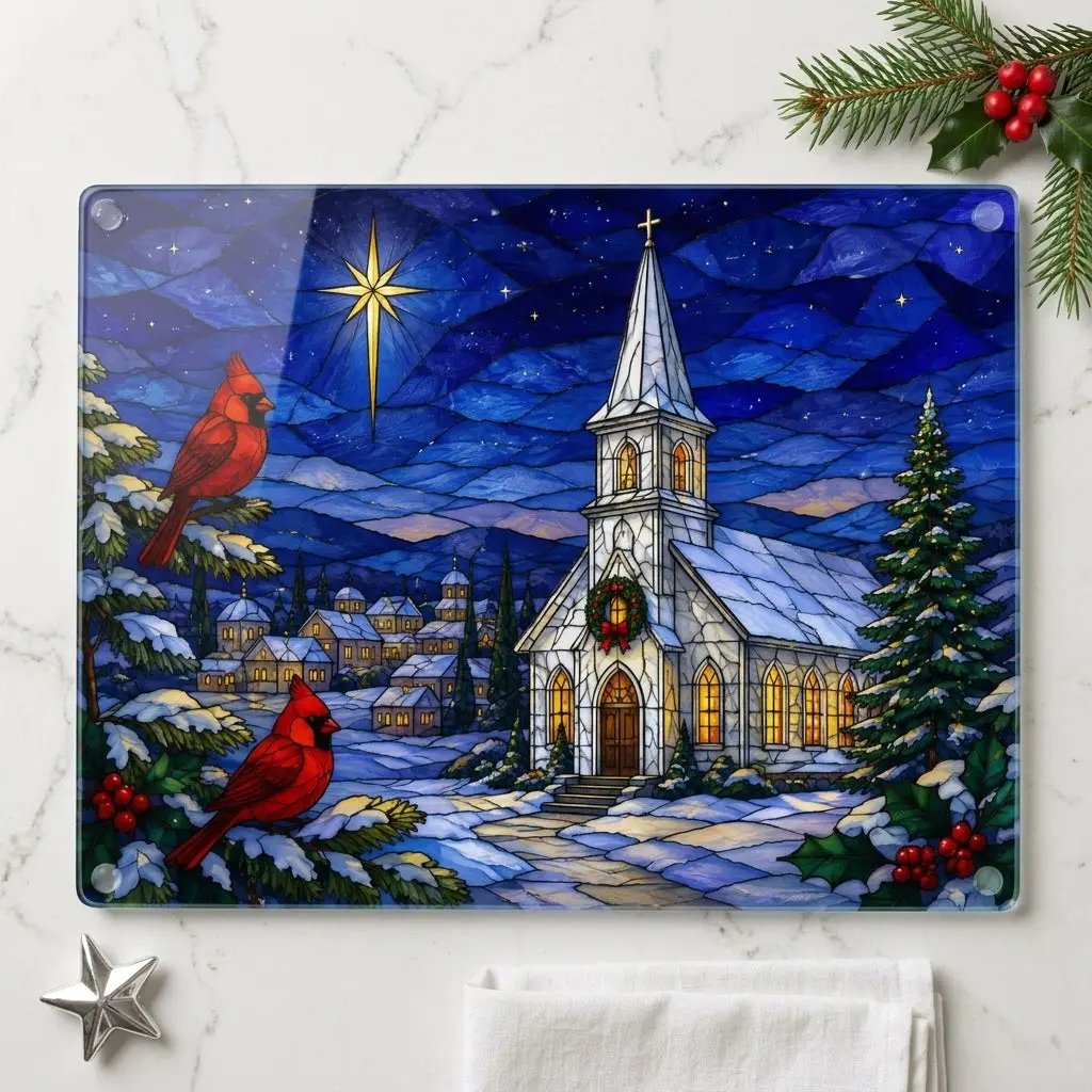 Christmas Church Glass Cutting Board, Cardinal Stained Glass Decor, Christian Christmas Kitchen Gift, Religious Holiday Decor