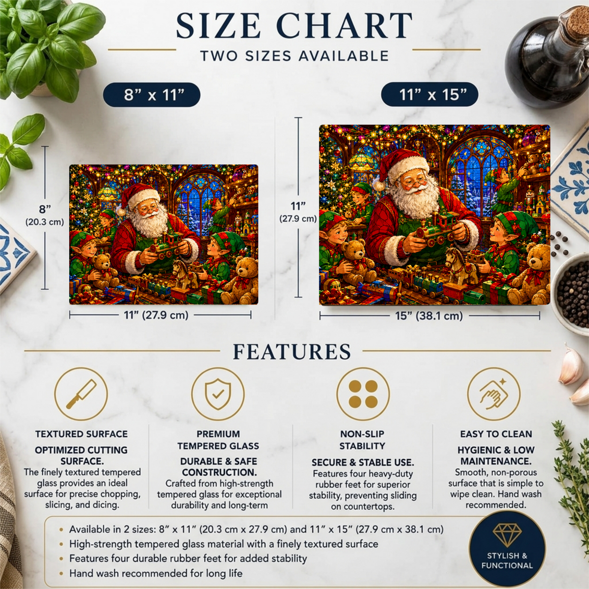 Santa Workshop Glass Cutting Board, Christmas Kitchen Decor, Santa and Elves Stained Glass Art, Holiday Serving Board, Christmas Gift