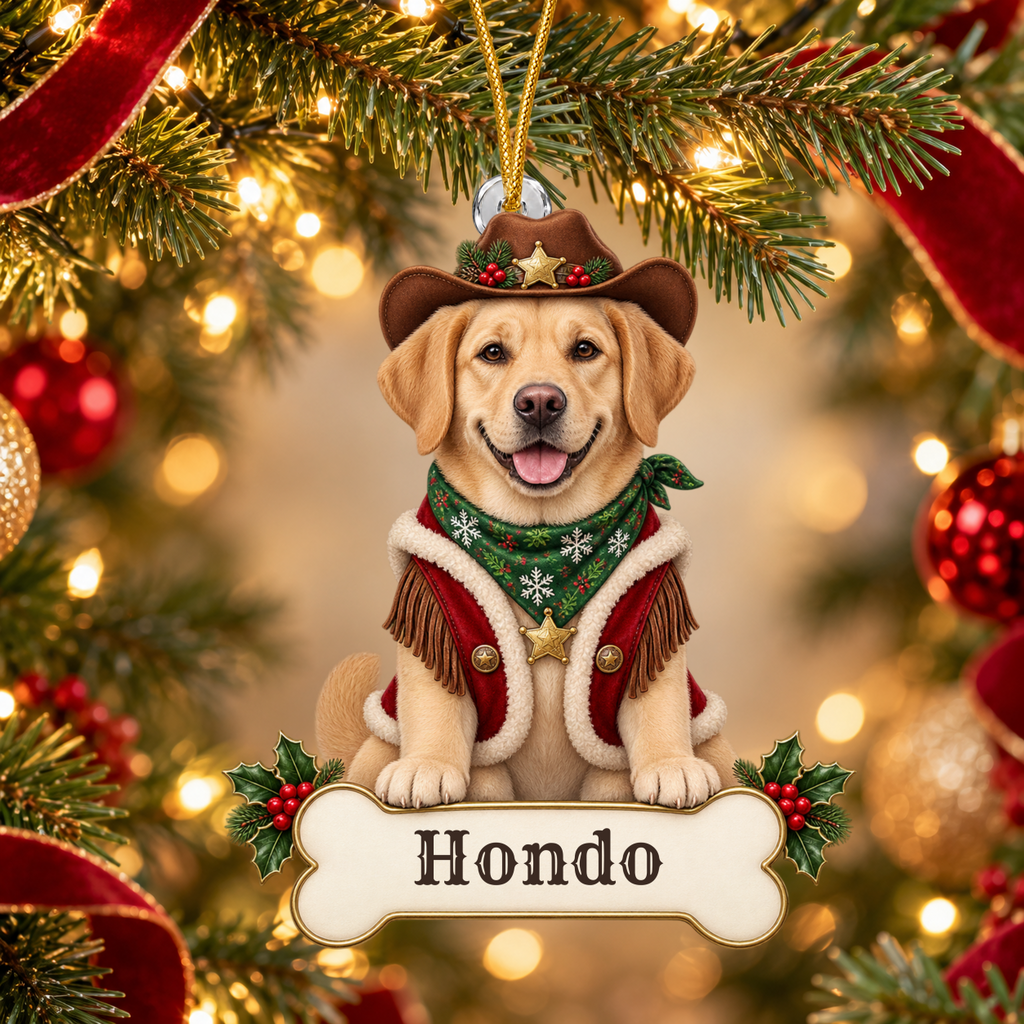 Personalized Cowboy Dog Christmas Ornament from Photo, Custom Pet Portrait Acrylic Cutout, Western Christmas Decor, Dog Lover Gift