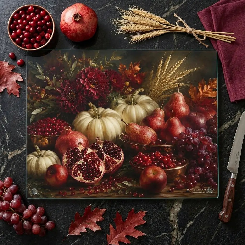 Pomegranate Glass Cutting Board, White Pumpkin Fall Kitchen Decor, Elegant Autumn Cutting Board, Harvest Kitchen Gift