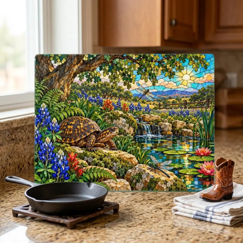 Box Turtle Glass Cutting Board, Texas Bluebonnet Kitchen Decor, Turtle and Dragonfly Gift, Wildlife Garden Cutting Board, Nature Decor