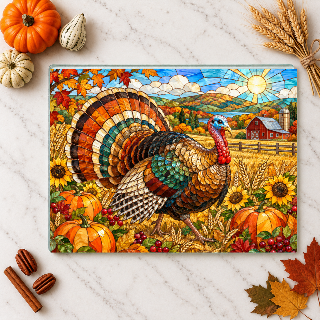 Thanksgiving Turkey Glass Cutting Board, Farmhouse Fall Kitchen Decor, Harvest Turkey Chopping Board, Autumn Hostess Gift