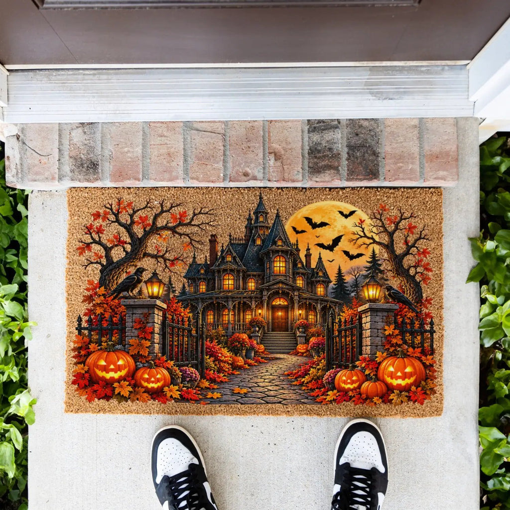 Spooky Mansion Doormat, Haunted House Halloween Welcome Mat, Raven & Pumpkin Coir Doormat, Gothic Fall Porch Decor, Halloween Door Mat