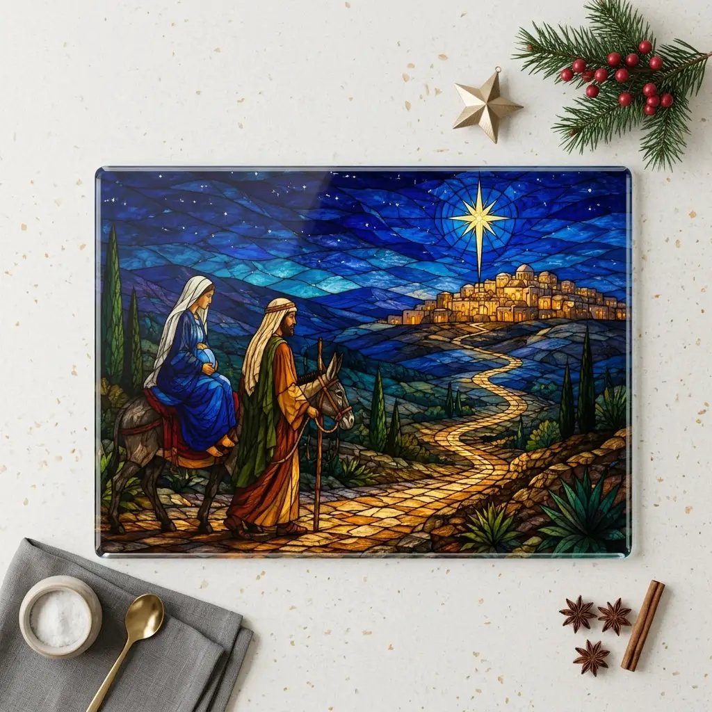 Road to Bethlehem Glass Cutting Board, Christian Christmas Gift, Mary and Joseph Nativity Decor, Religious Christmas Kitchen Decor