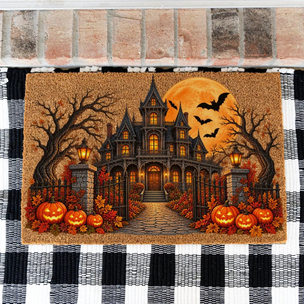 Haunted House Halloween Doormat, Gothic Mansion Coir Welcome Mat, Spooky Fall Porch Decor, Pumpkin Front Door Mat, Halloween Entryway