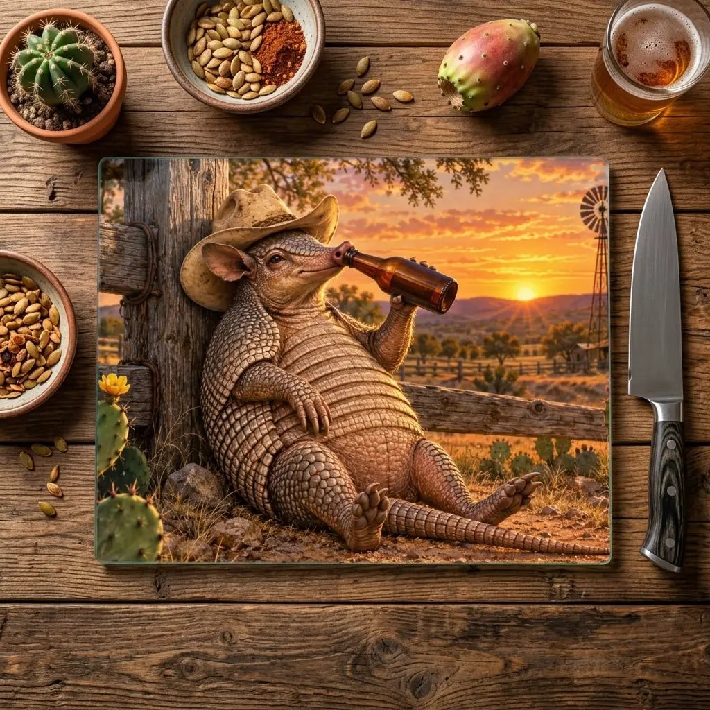 Funny Armadillo Glass Cutting Board, Texas Kitchen Decor, Cowboy Armadillo Gift, Western Kitchen Decor, Funny Texas Housewarming Gift