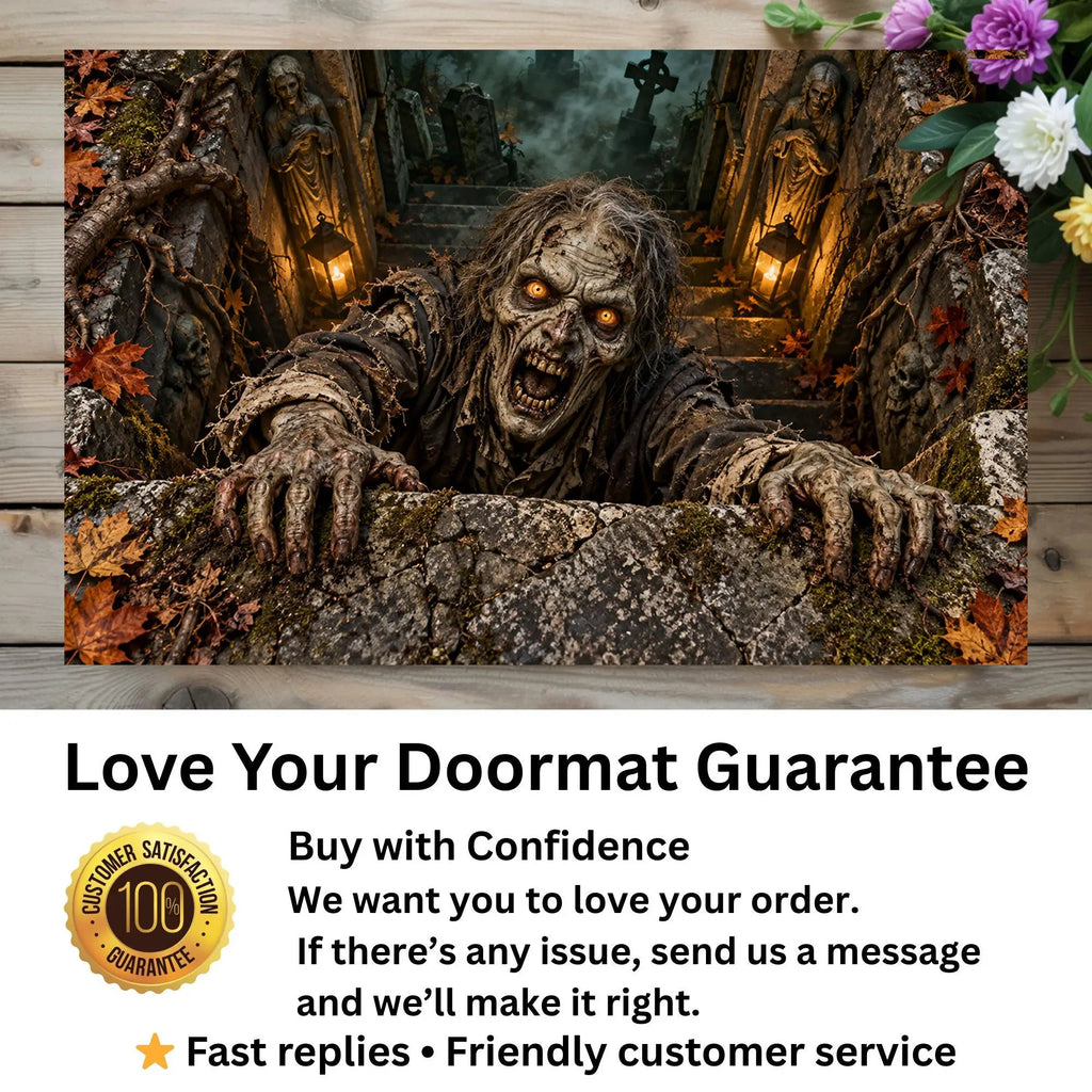 Zombie 3D Illusion Doormat, Graveyard Halloween Door Mat, Undead Zombie Welcome Mat, Haunted Crypt Optical Illusion, Spooky Porch Decor