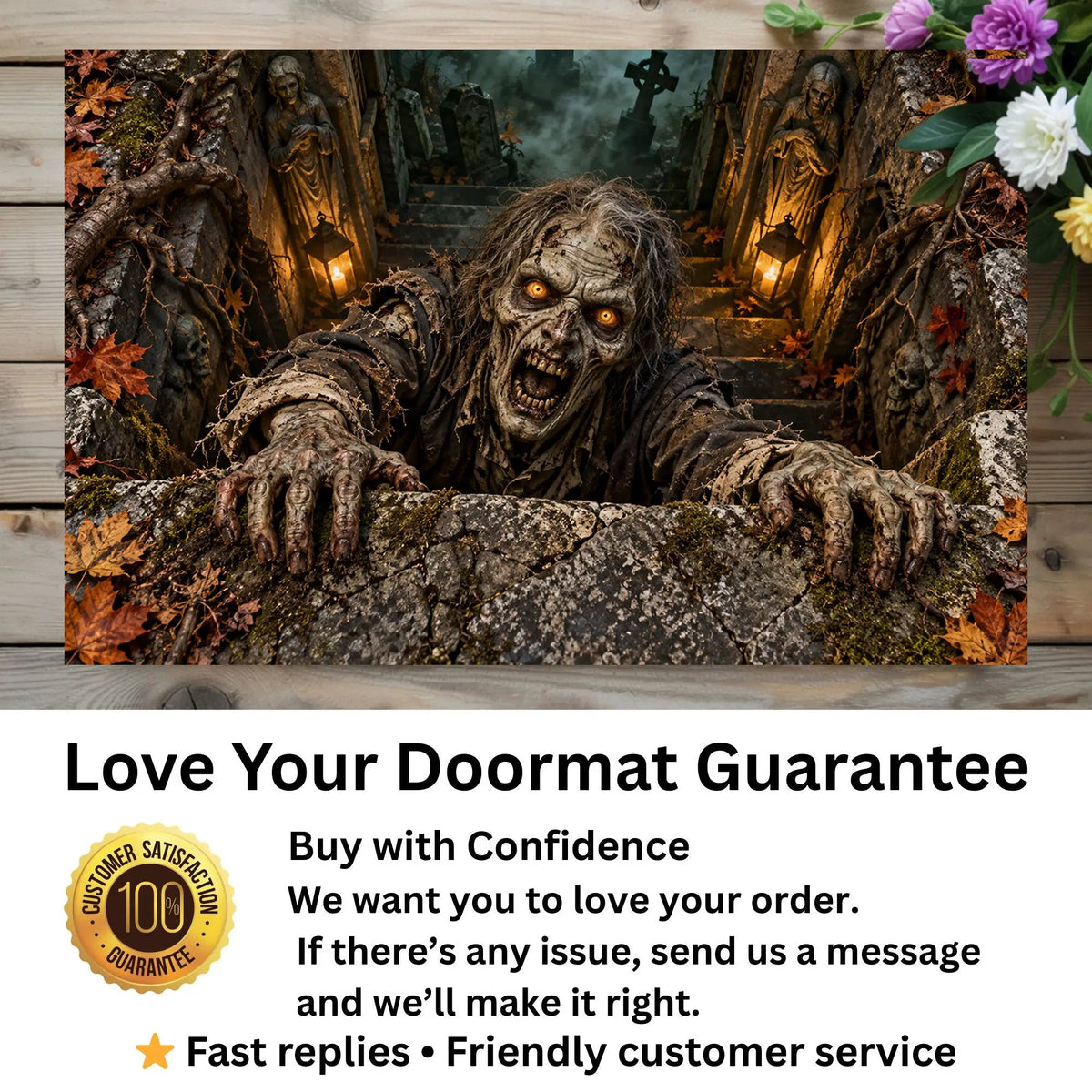 Zombie 3D Illusion Doormat, Graveyard Halloween Door Mat, Undead Zombie Welcome Mat, Haunted Crypt Optical Illusion, Spooky Porch Decor