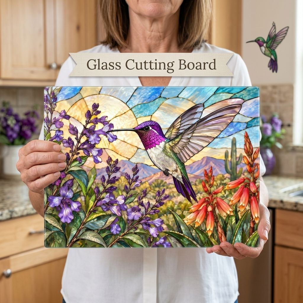 Hummingbird Cutting Board, Stained Glass Hummingbird Decor, Desert Wildflower Kitchen Decor, Bird Lover Gift, Southwest Decor