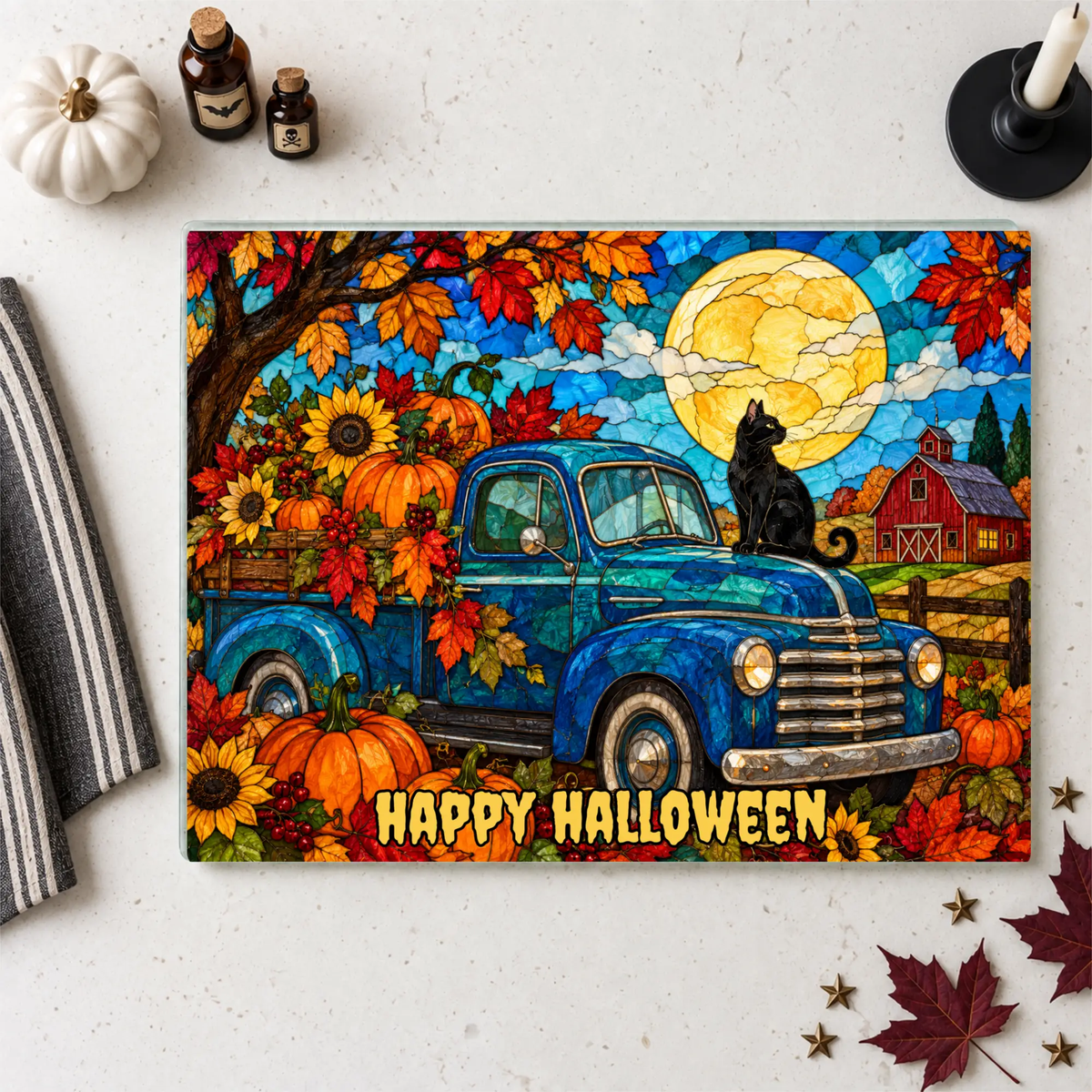 Halloween Fall Truck Personalized Glass Cutting Board, Spooky Pumpkin Kitchen Decor
