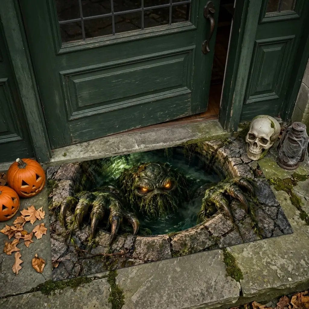 Swamp Monster 3D Optical Illusion Doormat, Creepy Sewer Monster Floor Mat, Scary Halloween Door Mat, Horror Home Decor